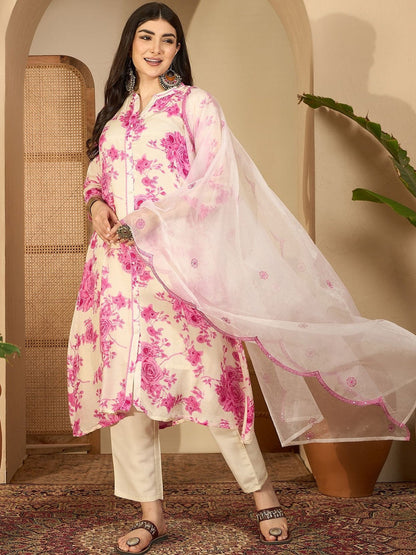 Women Floral Printed Regular Kurta with Trousers & Dupatta