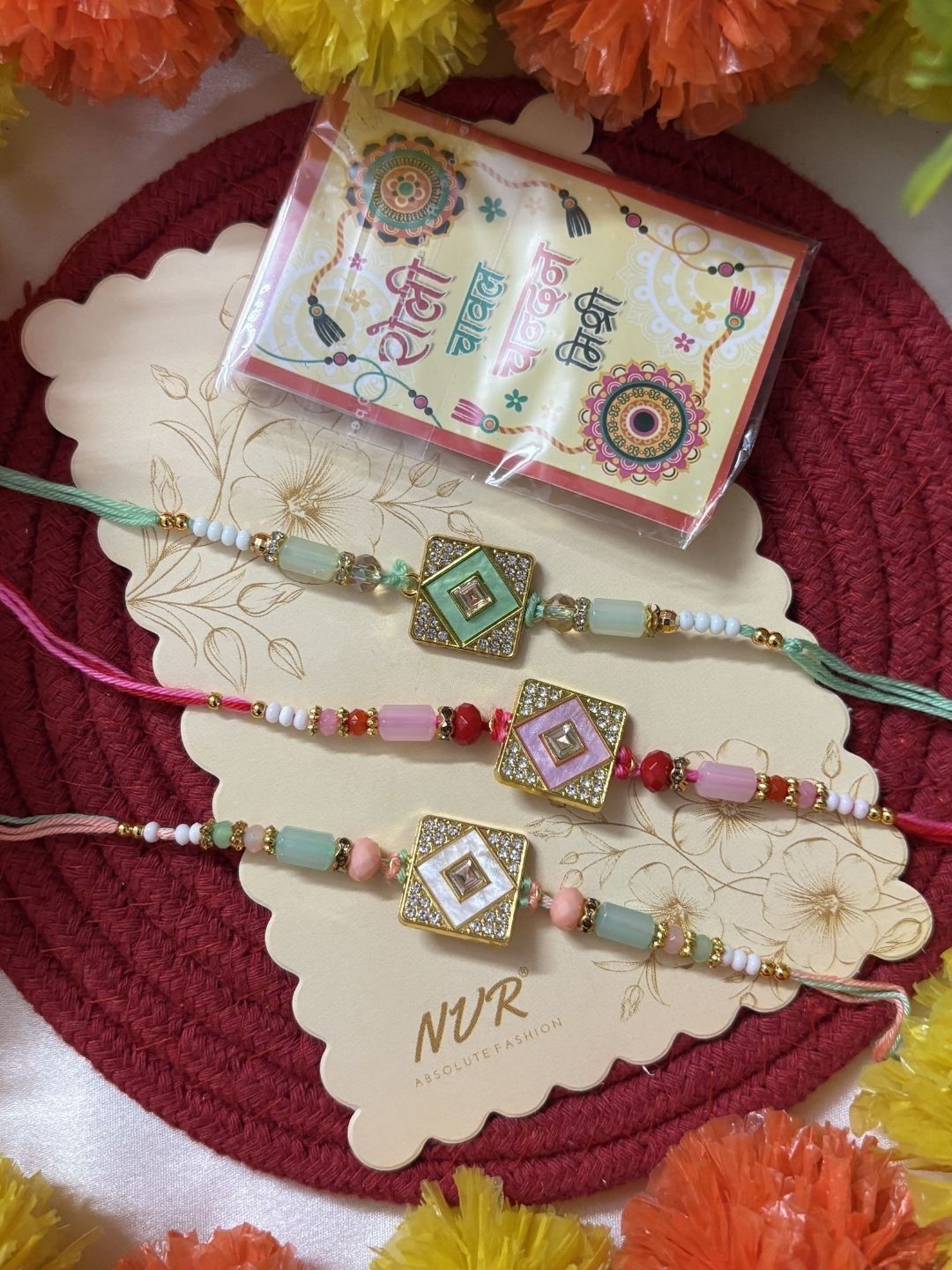 Dhiyona Set Of 3 Multicolor Ad Thread Rakhi With Roli Chawal Chandan Mishri
