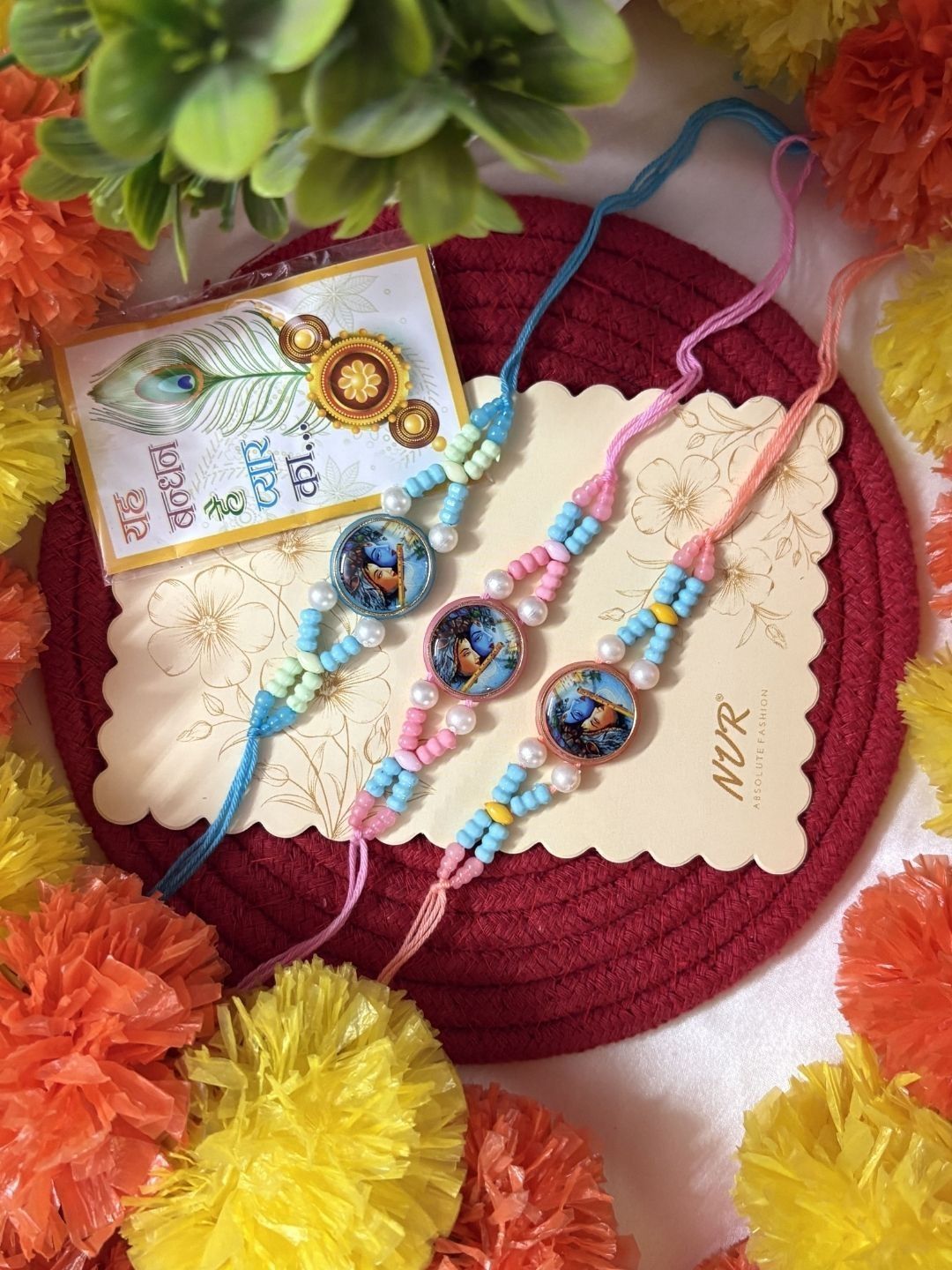 Dhiyona Set Of 3 Radha Krishna Thread Rakhi With Roli Chawal Chandan Mishri
