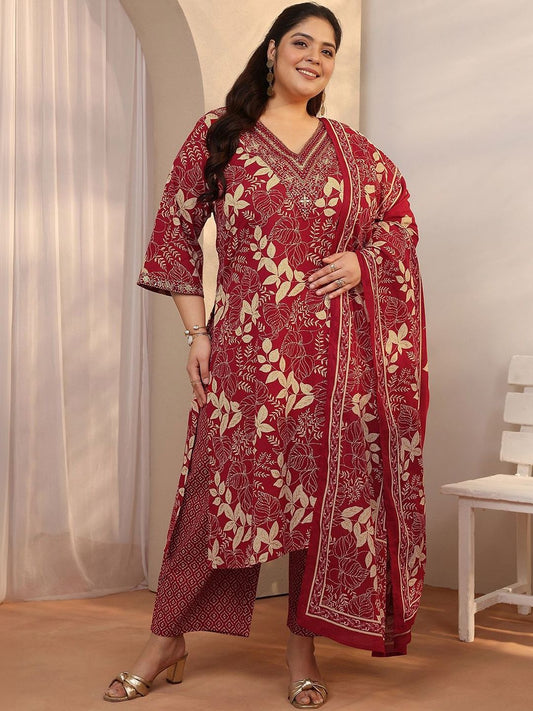 Dhiyona Women's Plus Size Floral Printed Kurta with Trousers & With Dupatta