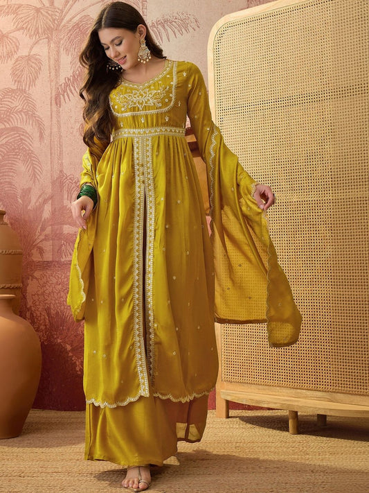 Dhiyona SN Embroidered Round Neck Kurta & Palazzos Kurta Sets