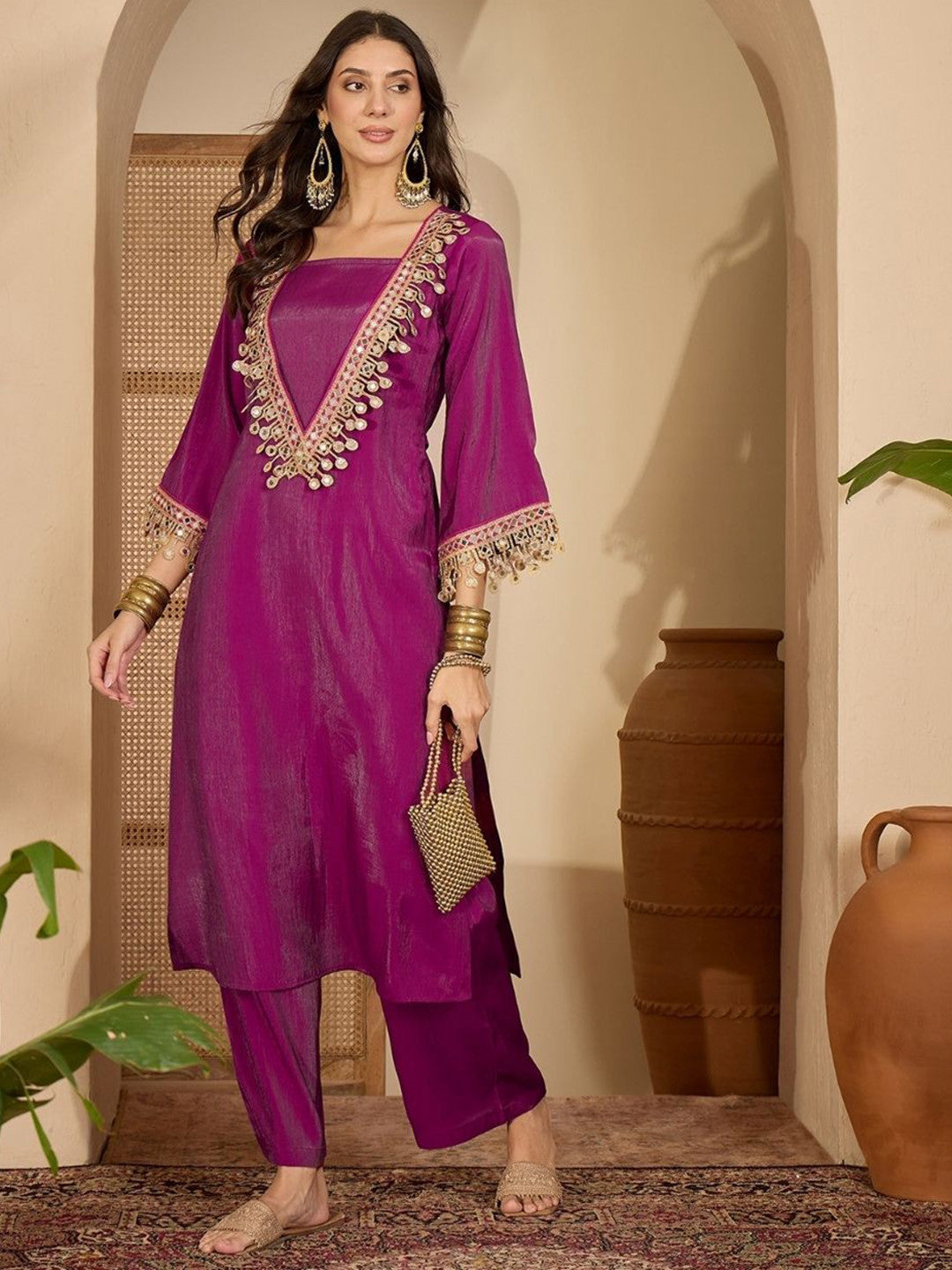 Dhiyona SN Mirror Work Embroidered Bell Sleeve Straight Kurta & Palazzo