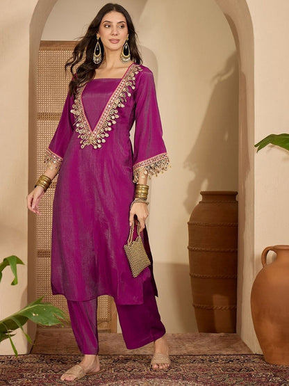Mirror Work Embroidered Bell Sleeve Straight Kurta & Palazzo