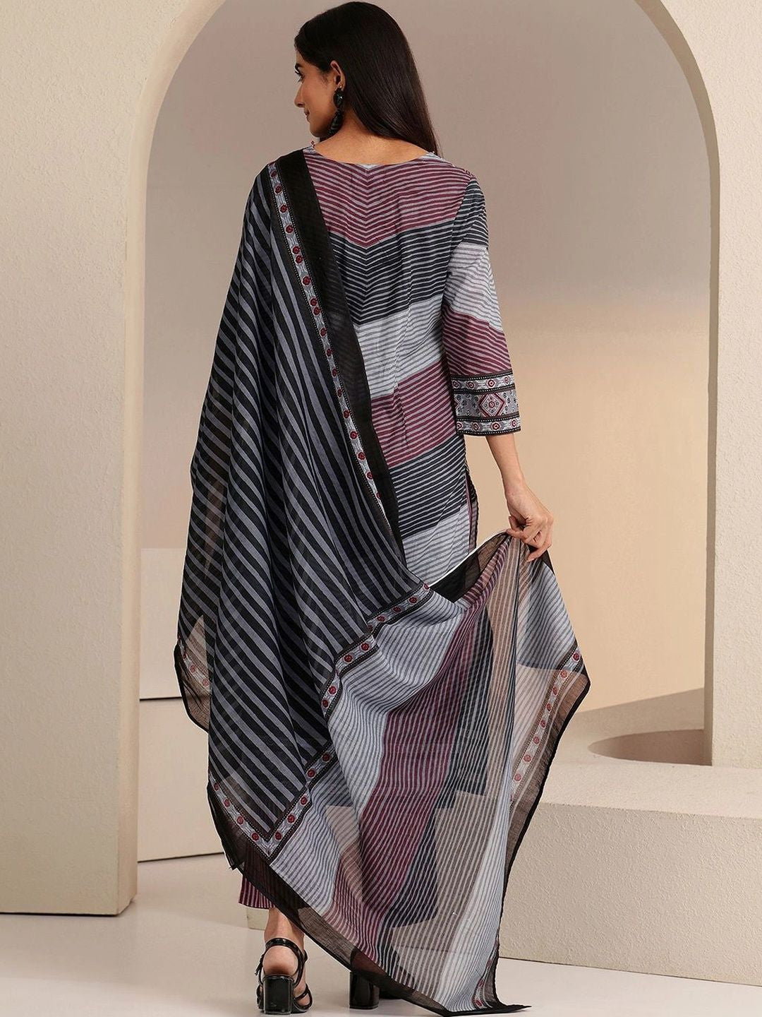 Grey Ajrakh Print Straight Cotton Suit Set