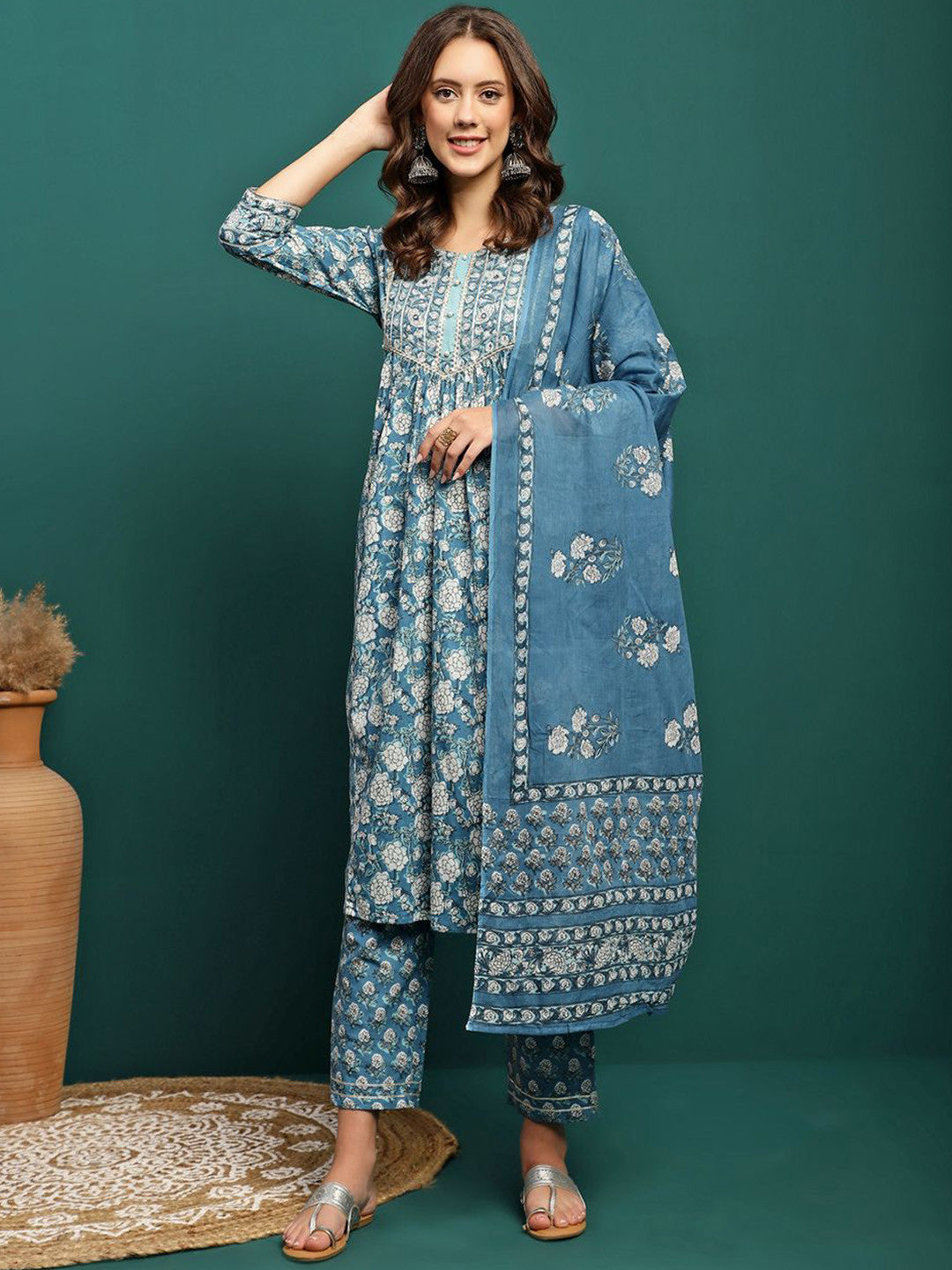 Dhiyona SN Floral Printed Gotta Patti Pure Cotton Kurta With Trousers & Dupatta