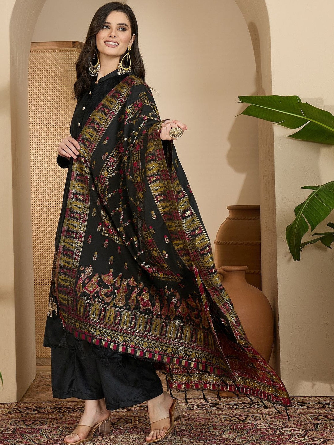 Winter Black Velvet Embroidered Shahi Mehfil Floral kurta trouser & Dupatta kurta sets
