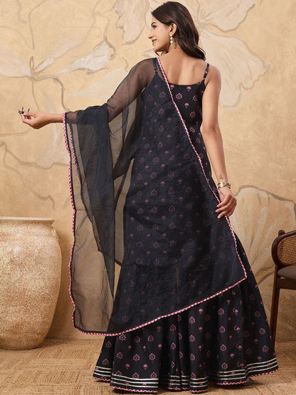 Dhiyona HOP Printed With Embroidered Sleeveless Kurta With Sharara & Dupatta