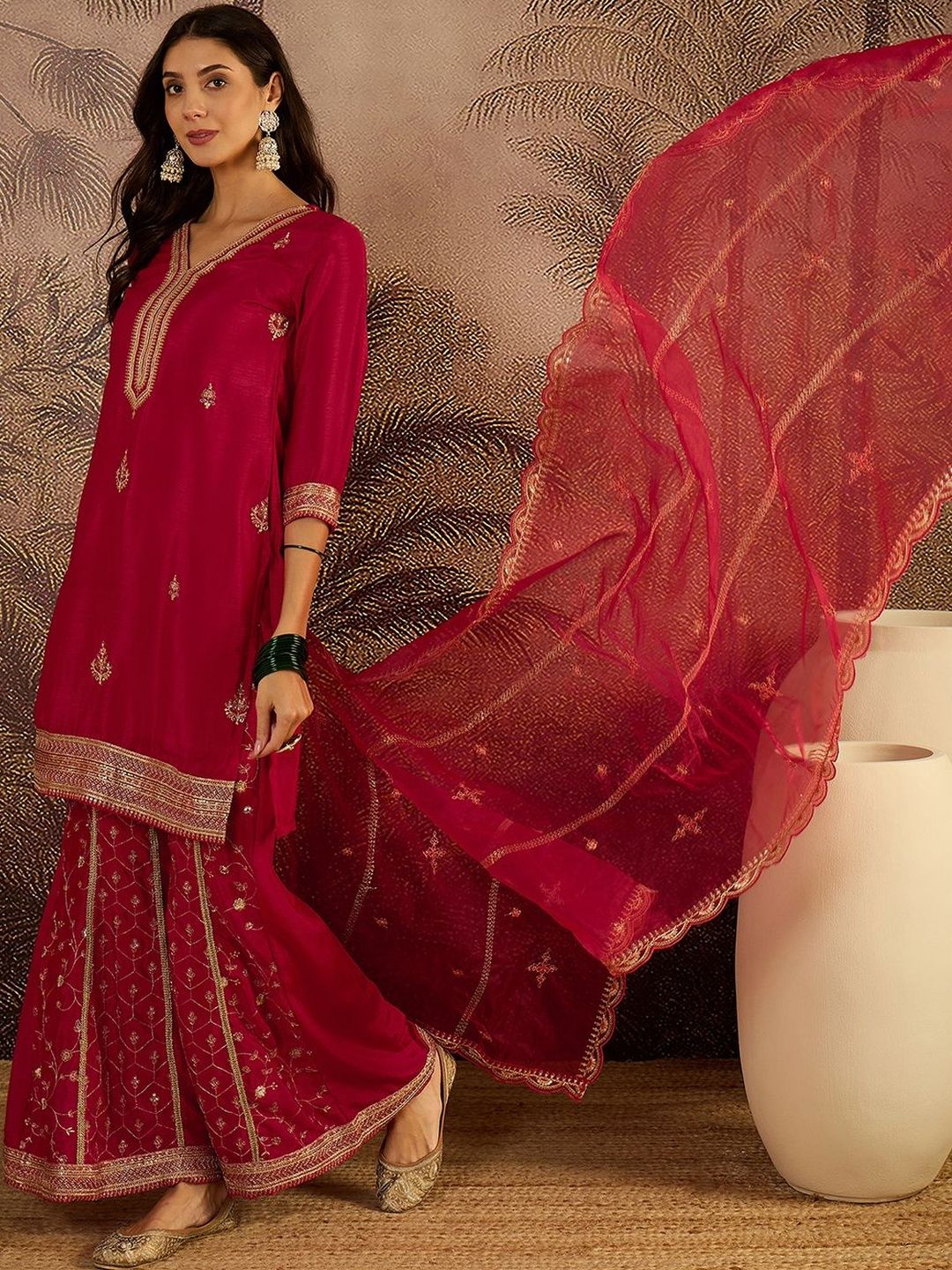 Dhiyona SN Ethnic Motifs Embroidered Sequinned Straight Kurta with Sharara & Dupatta