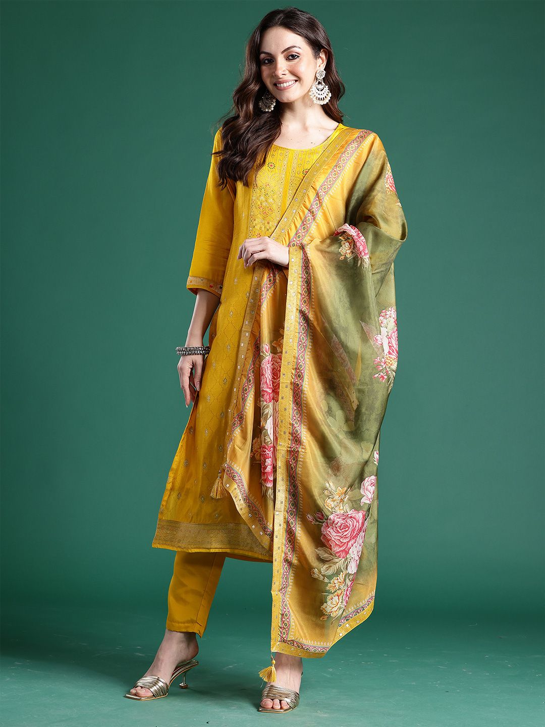 Dhiyona IE Woven Design Round Neck Straight Kurta With Trouser & Dupatta
