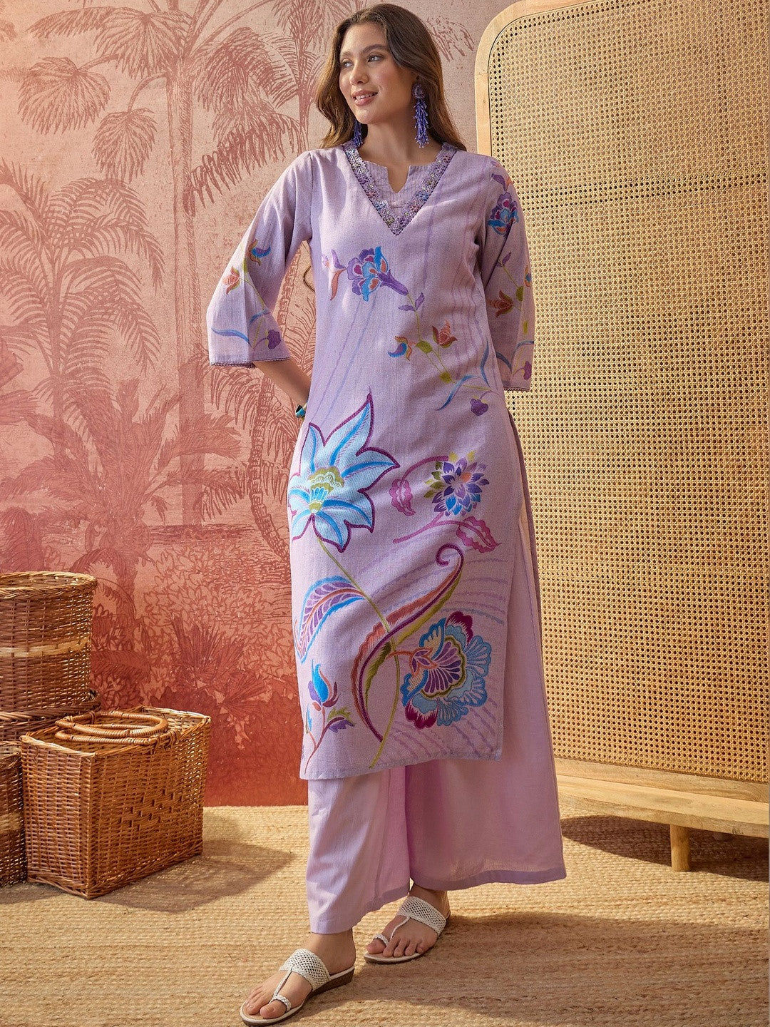 Floral Printed Round Neck Pure Cotton Kurta & Trousers With Dupatta
