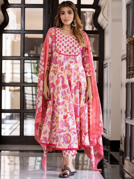 Dhiyona KL Women Floral Printed Cotton Kurta with Churidar & Dupatta