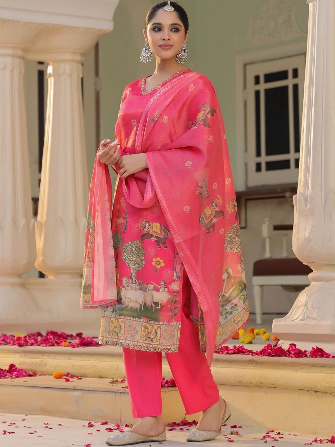 Dhiyona RR Women's Printed Regular Chanderi Cotton Kurta with Trousers & Dupatta