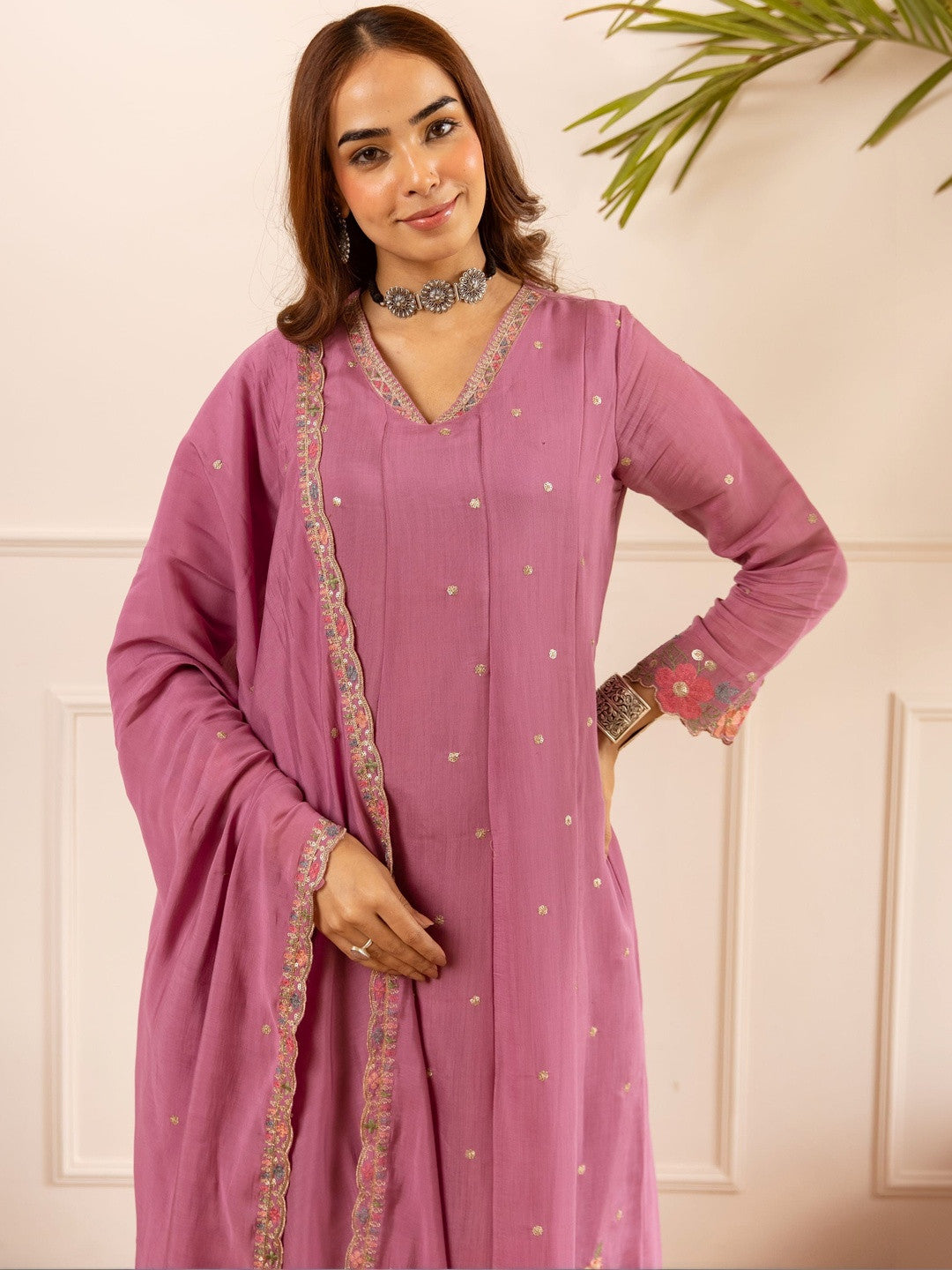 Women's Pink Mulmul Chanderi Kurta Pant Dupatta Set