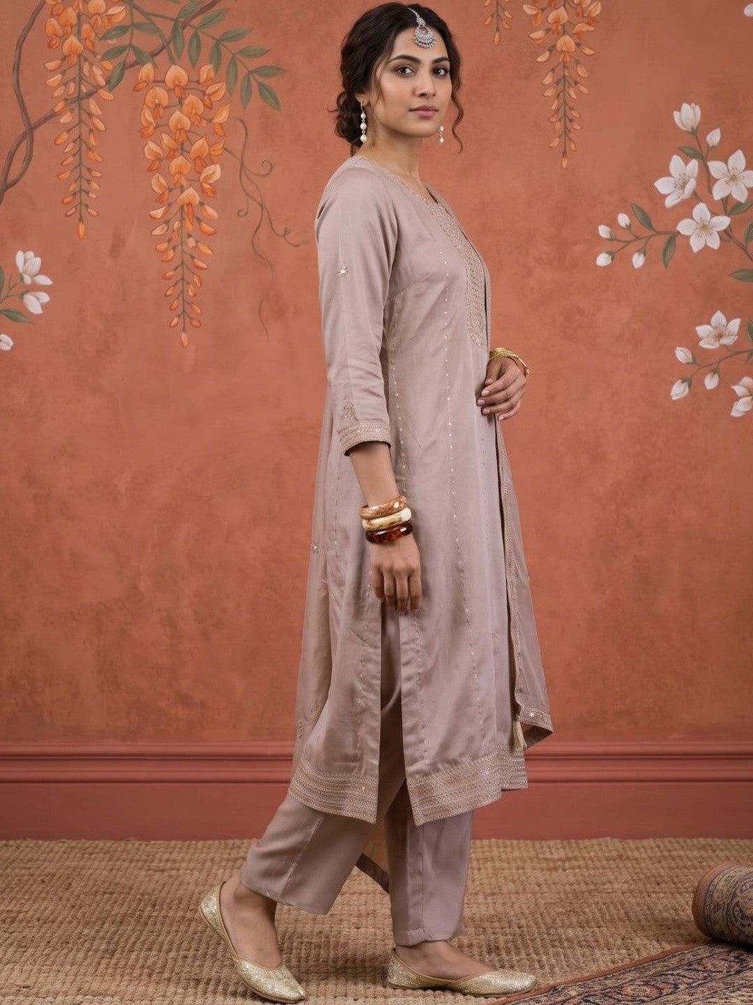 Women Ethnic Motifs Embroidered Regular Sequinned Kurta with Trousers & With Dupatta
