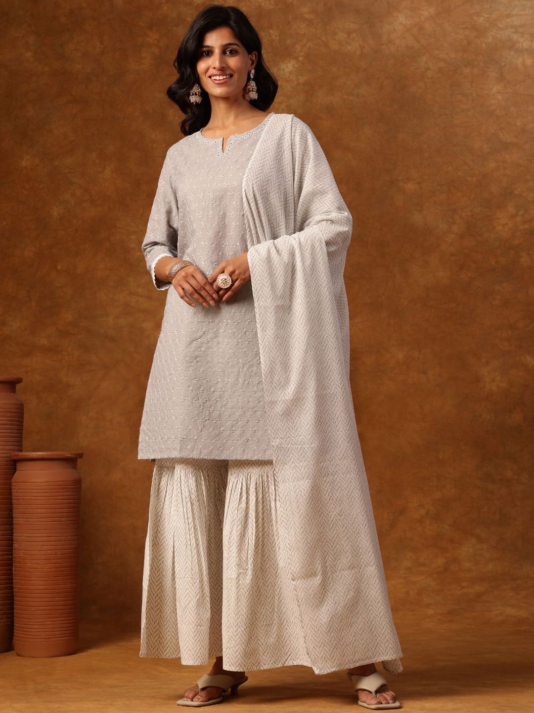 Dhiyona AN Embroidered Notch Neck Straight Kurta with Sharara & Dupatta