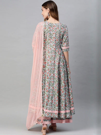 Dhiyona KL Women Floral Printed Pure Cotton Kurta with Palazzos & With Dupatta