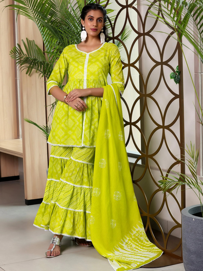 Women's LB Green Printed Cotton A-Line Kurti With Sharara & Dupatta