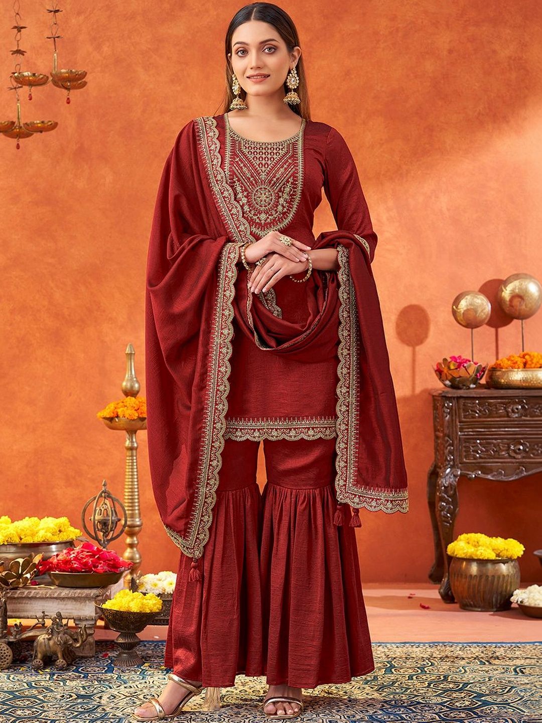 Dhiyona KL Women Ethnic Motifs Embroidered Regular Thread Work Kurta with Sharara & With Dupatta