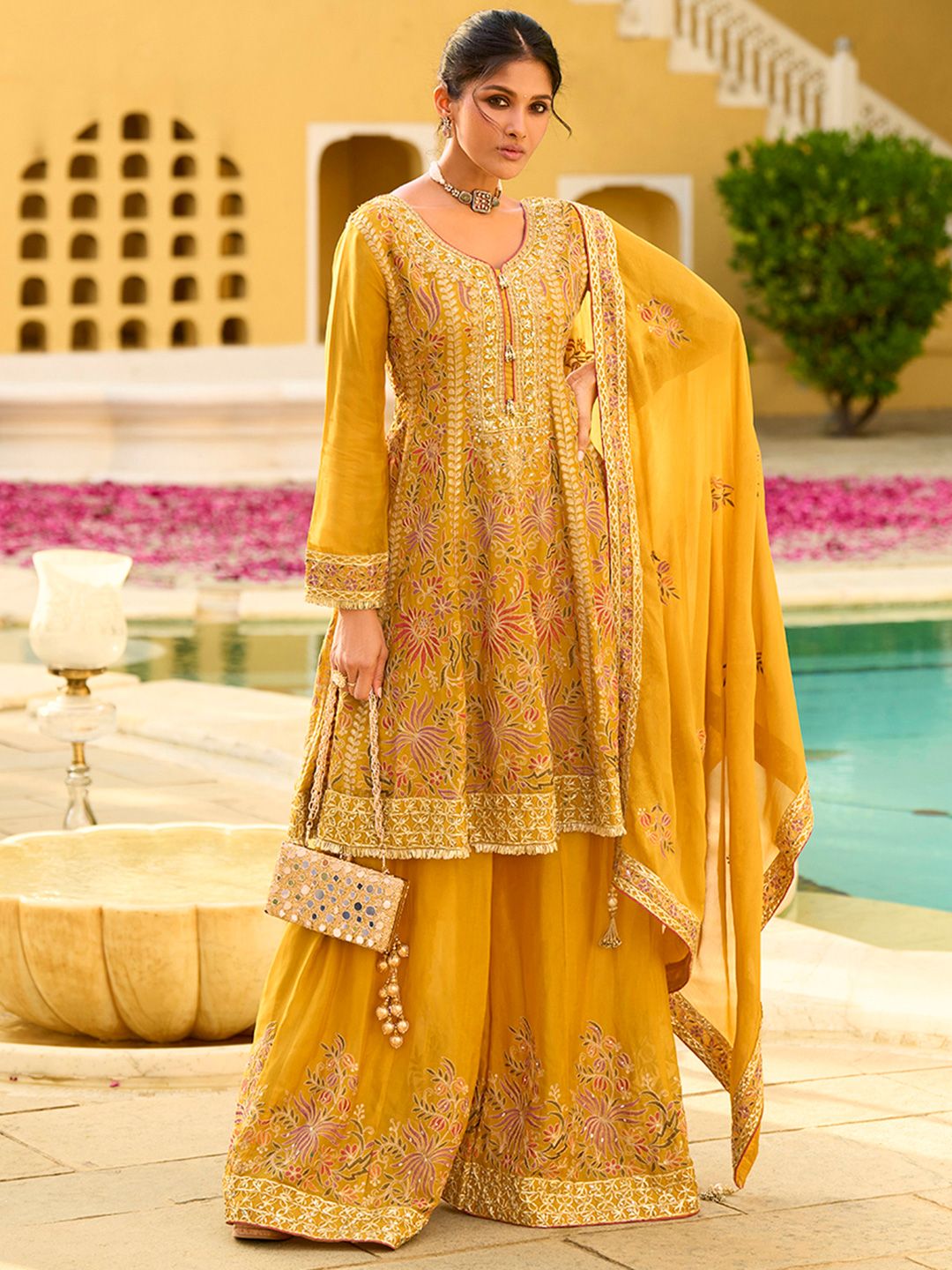 Dhiyona HOP Women Ethnic Motifs Embroidered A-Line Kurta with Sharara & Dupatta