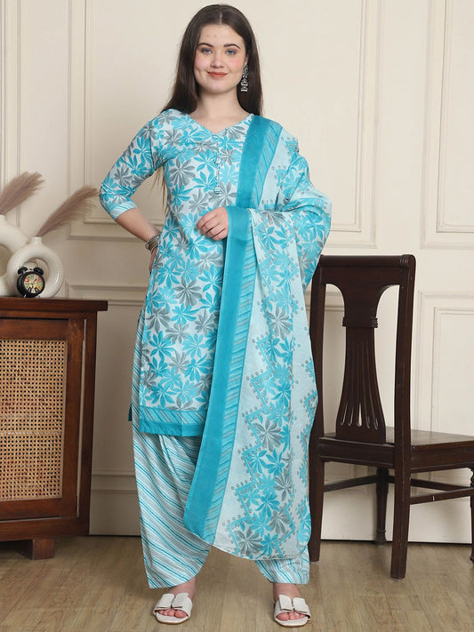 Dhiyona KL Floral Printed V-Neck Straight Kurta With Patiala & Dupatta