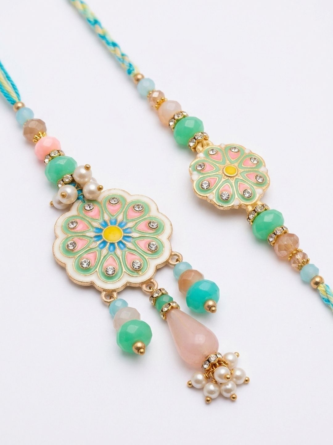 Dhiyona Set Of 2 Round Artificial Beads Traditional Bhaiya Bhabhi Rakhi With Roli Chawal