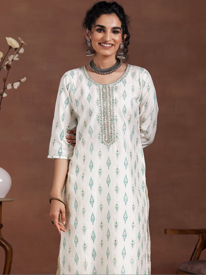 Women Ethnic Motifs Printed Regular Thread Work Kurta with Pyjamas & With Dupatta