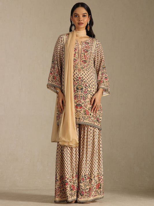 Dhiyona SO Women's Women Ethnic Motifs Printed Regular Mirror Work Kurta With Sharara & Dupatta
