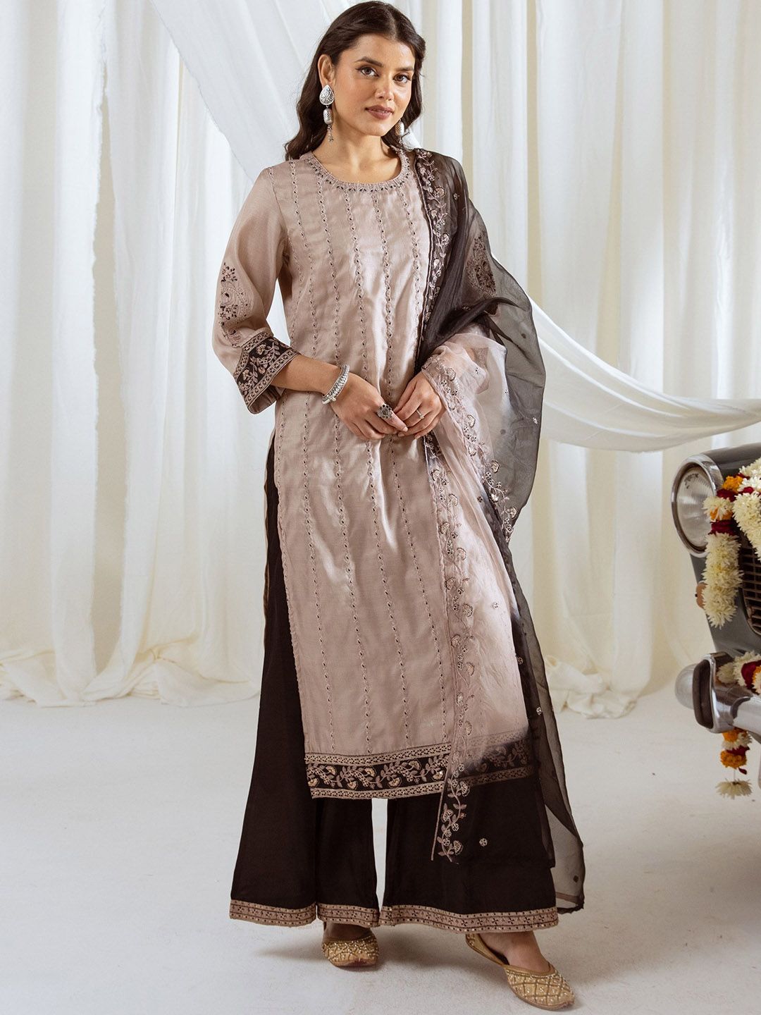 Dhiyona SN Floral Embroidered Thread Work Muslin Silk Straight Kurta With Palazzo And Dupatta