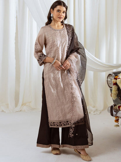 Dhiyona SN Floral Embroidered Thread Work Muslin Silk Straight Kurta With Palazzo And Dupatta