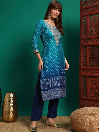 Women Bandhani Printed Regular Thread Work Kurta with Trousers & With Dupatta