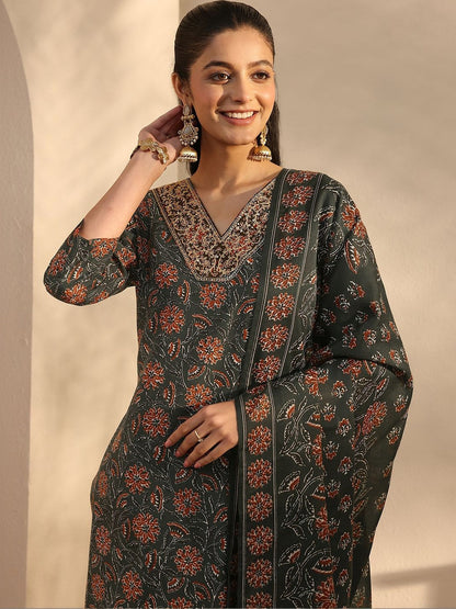 Women Floral Printed Regular Thread Work Kurta with Trousers & With Dupatta