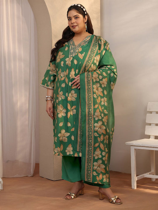 Dhiyona Women's Plus Size Floral Printed Pleated Kurta with Trousers & Dupatta