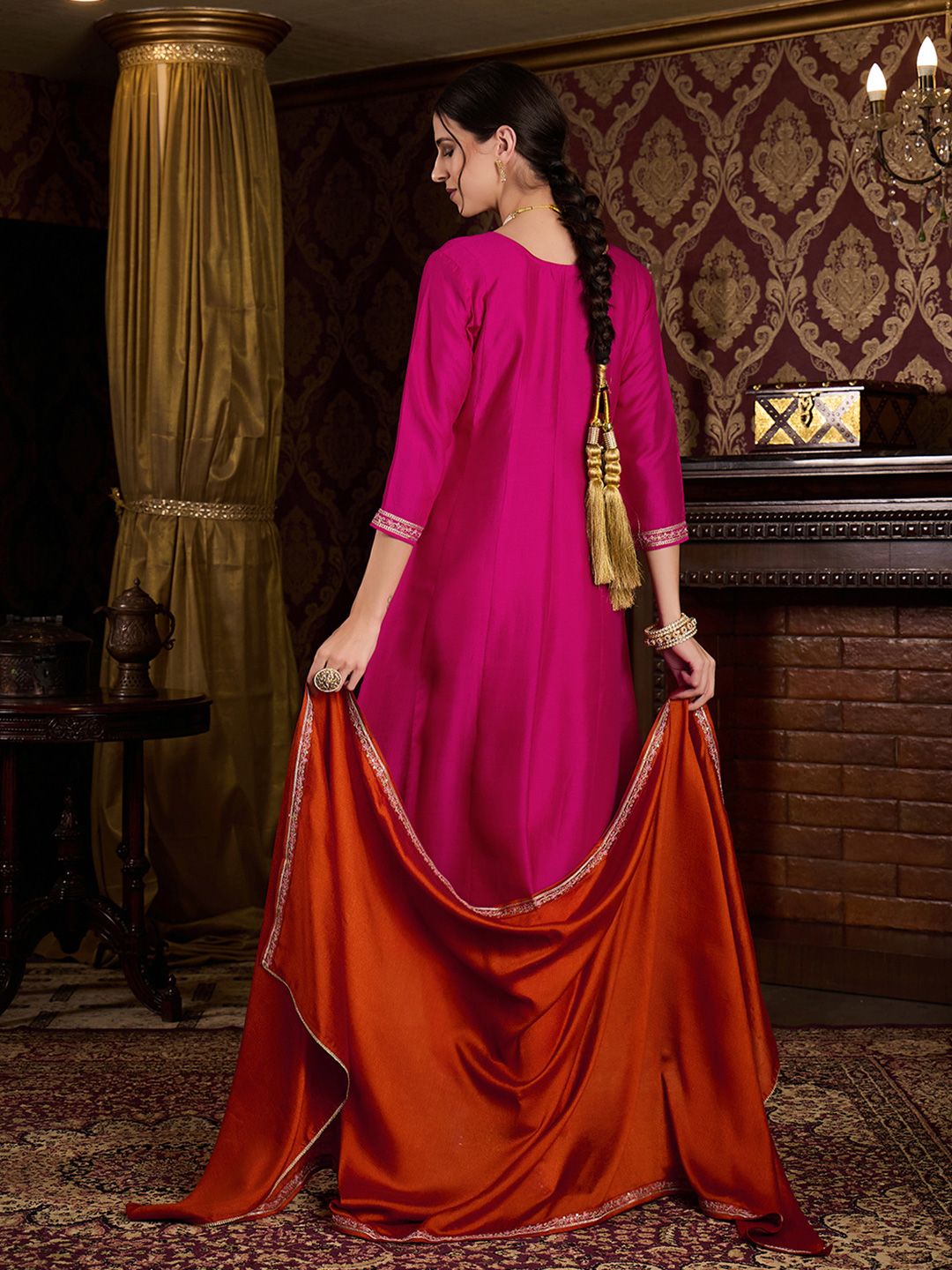 Dhiyona CH Women Floral Embroidered Pleated Sequinned Kurta With Trousers & Dupatta Kurta Sets