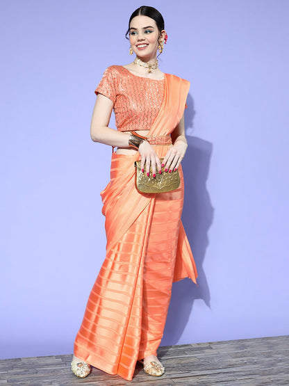 Women's Satin Orange Solid Belted Sarees With Blouse Piece