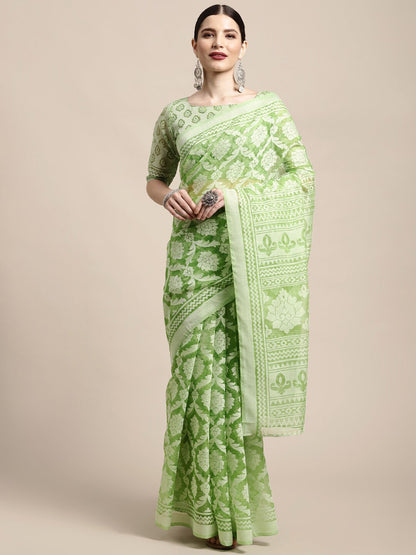Women's Brasso Green Printed Designer Saree With Blouse Piece