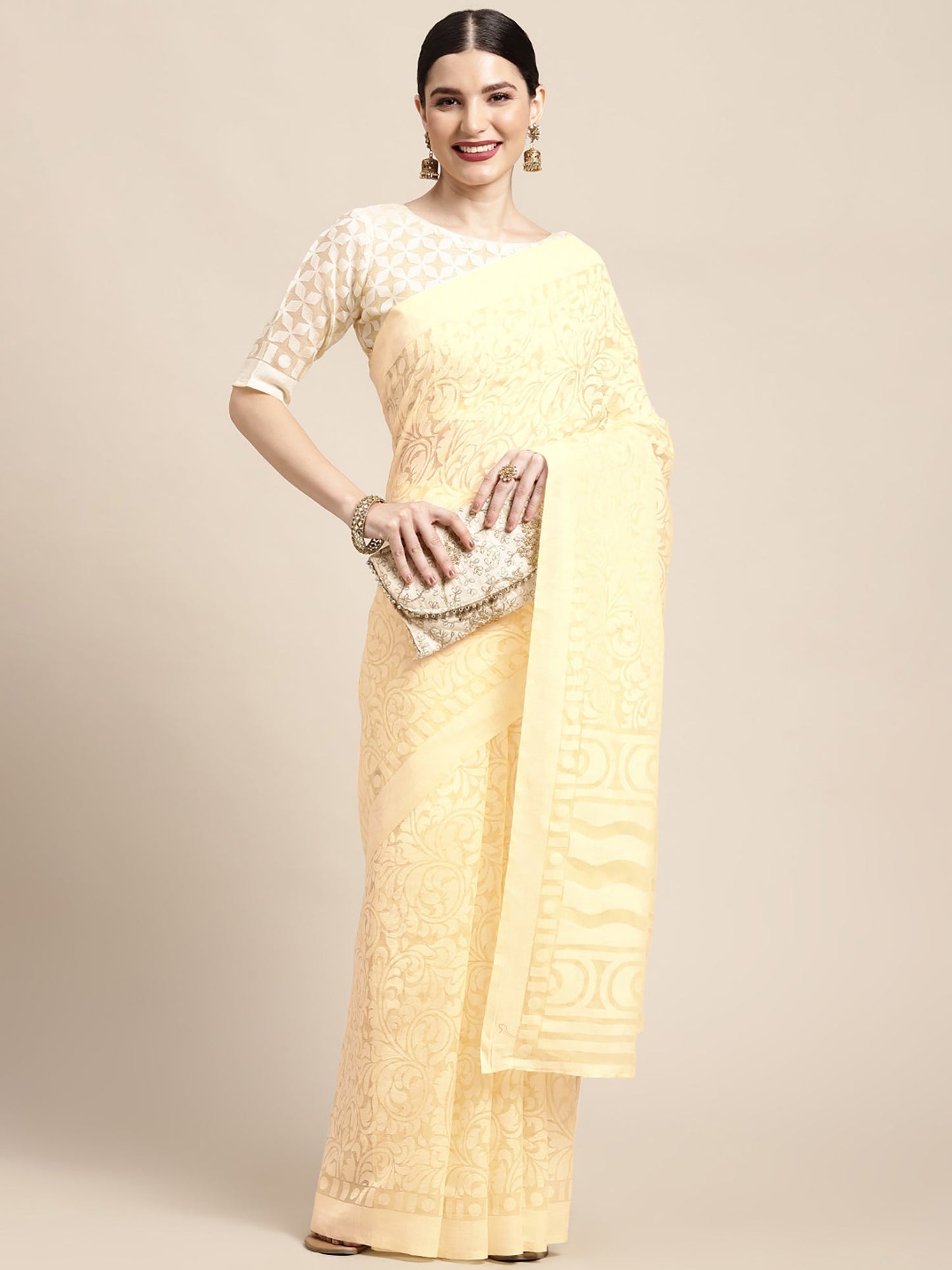 Women's Brasso Off White Printed Designer Saree With Blouse Piece