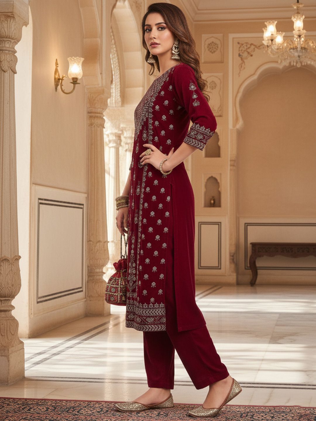 Maroon Women Ethnic Motifs Printed Regular Thread Work Velvet Kurta with Trousers
