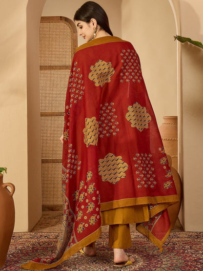 V-Neck Calf Length Kurta & Palazzos With Dupatta