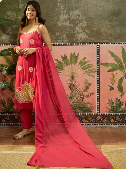 Embroidered Shoulder Straps Kurta & Trousers With Dupatta