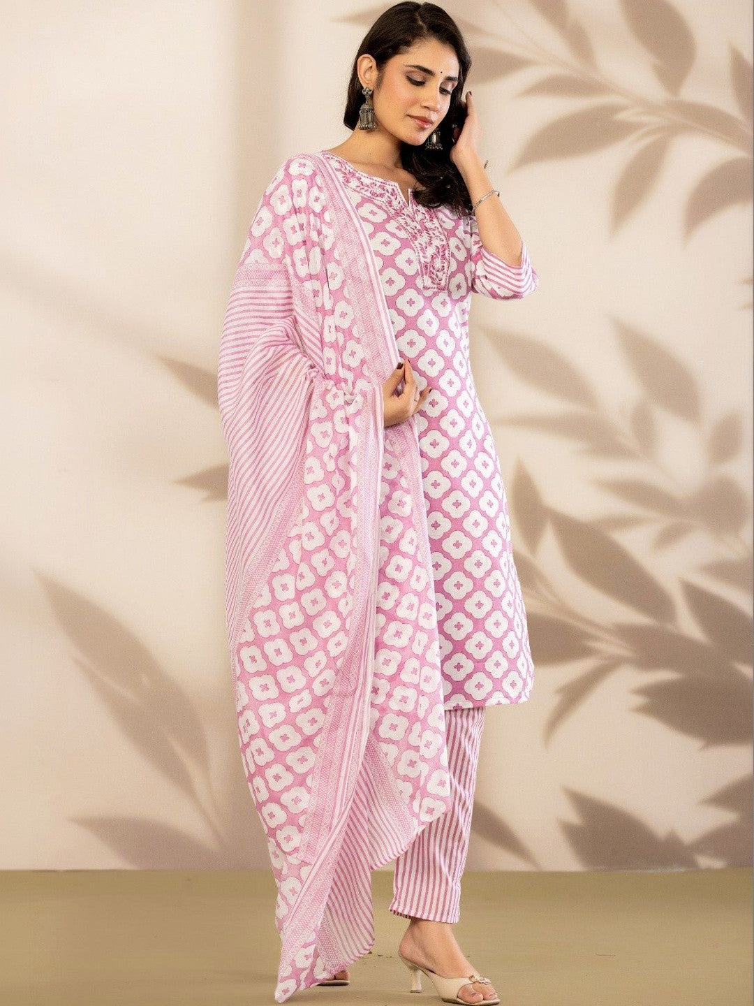 Women Ethnic Motifs Printed Regular Thread Work Pure Cotton Kurta with Trousers & With Dupatta