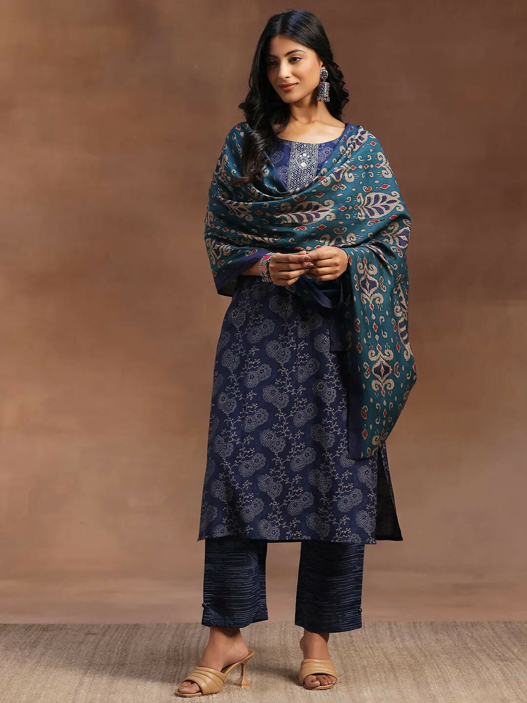 Women's LB Blue Printed Silk Blend Straight Suit With Dupatta