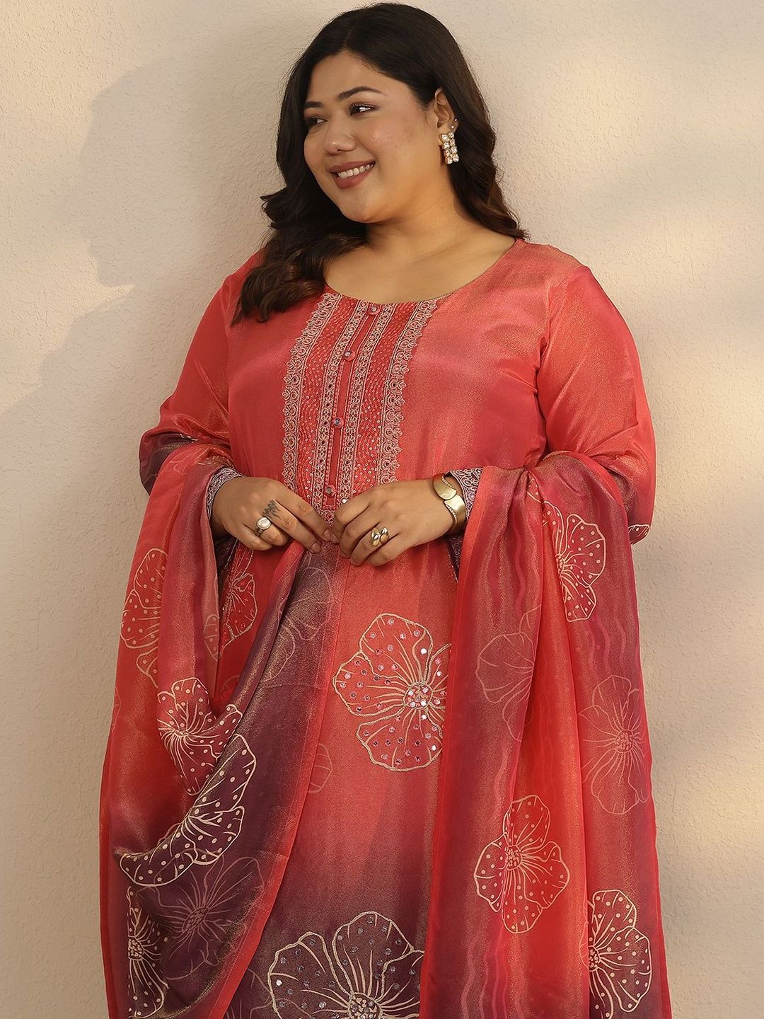 Dhiyona Women's Plus Size Floral Printed Kurta with Trousers & Dupatta