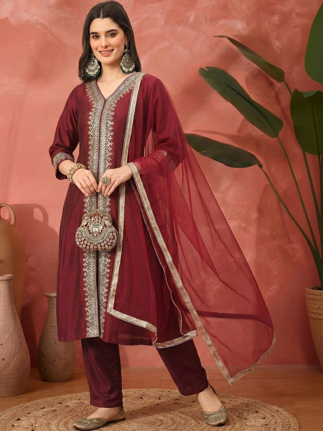 Printed Silk Blend Shirt Collar Kurta & Trousers With Dupatta