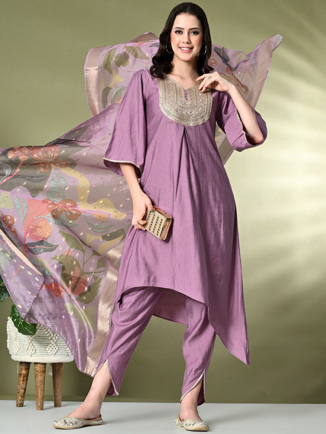 Ethnic MotifsEmbroidered Sequinned A-Line Kurta With Dhoti Pant & Dupatta