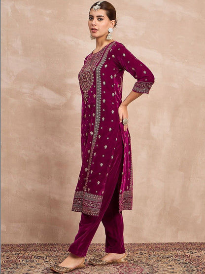 Purple Women Ethnic Motifs Embroidered Regular Thread Work Velvet Kurta with Trousers