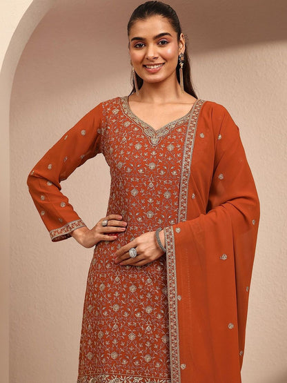 Dhiyona LL Women Ethnic Motifs Embroidered Regular Thread Work Kurta with Sharara & With Dupatta