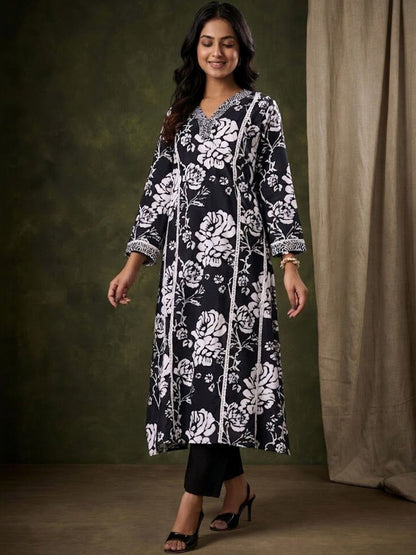 Printed Pure Cotton V-Neck Kurta & Trousers