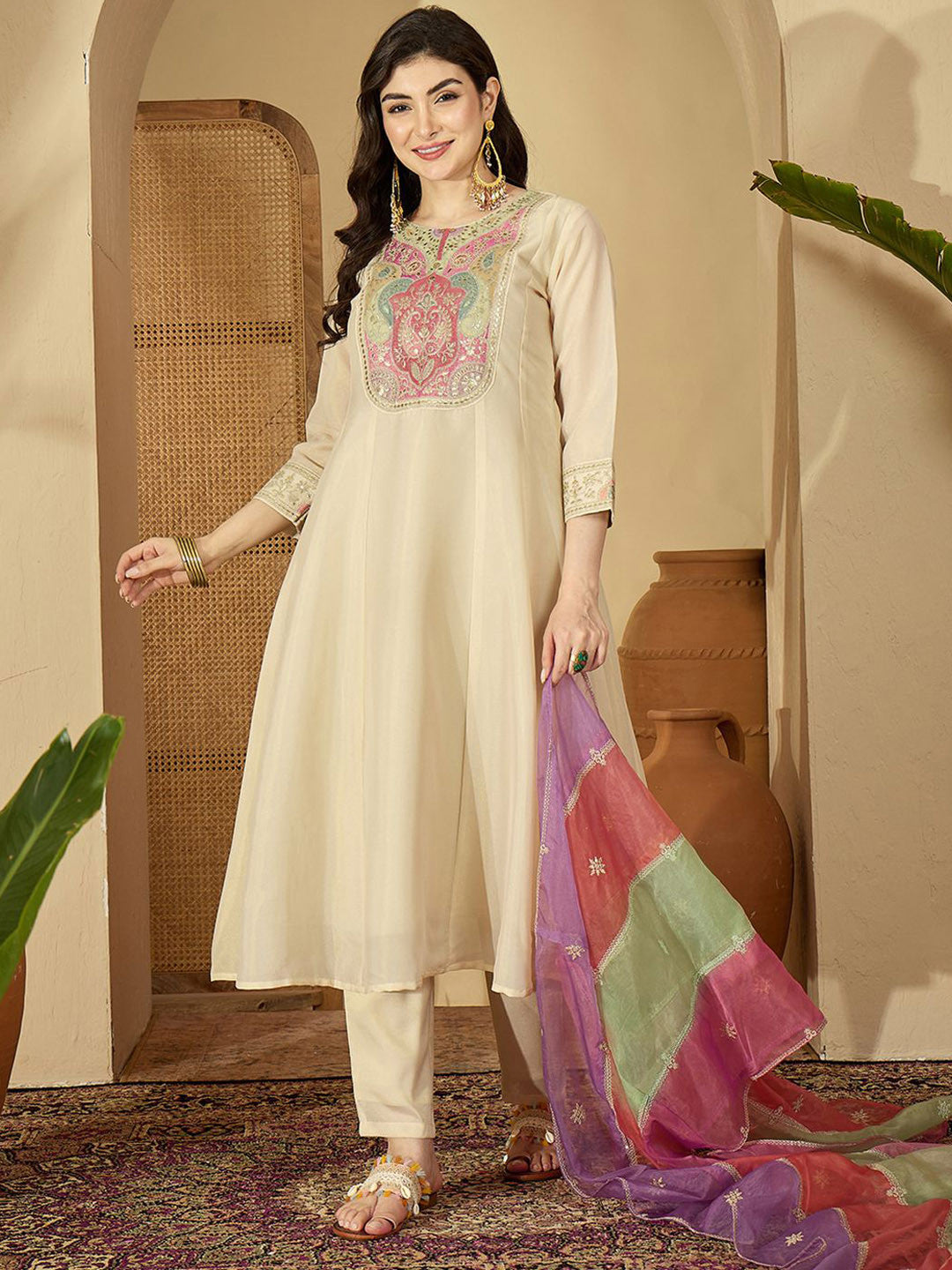 Dhiyona SN Women Ethnic Motifs Embroidered Round Neck Sequinned Kurta Trouser With Dupatta