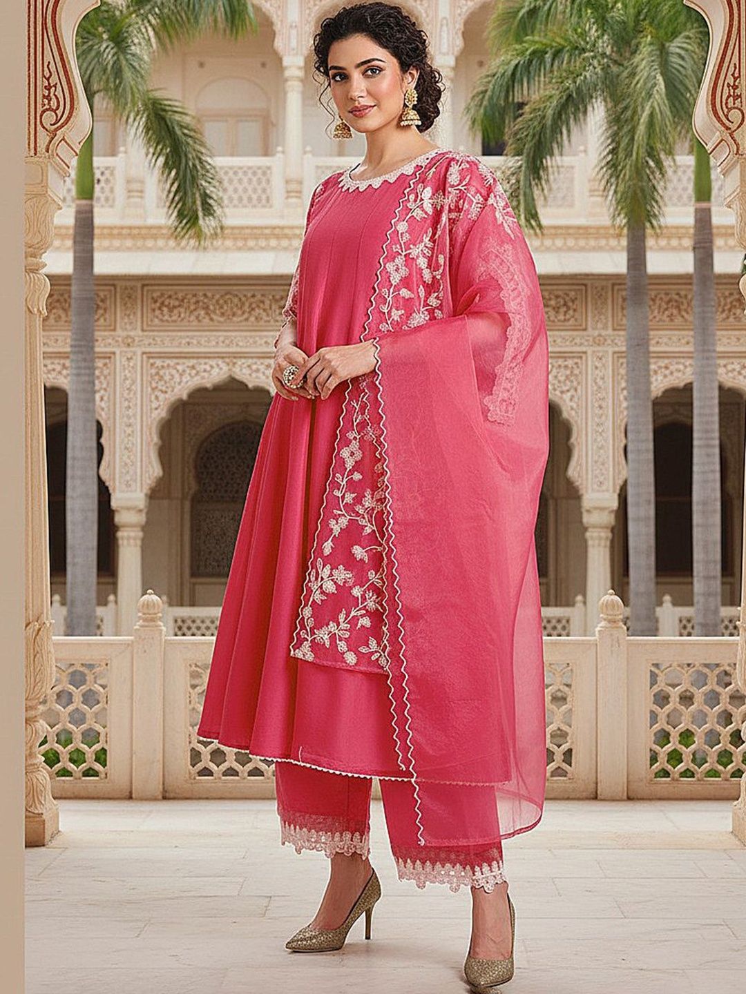 Dhiyona KL Embroidered Empire Thread Work Kurta with Trousers & Dupatta