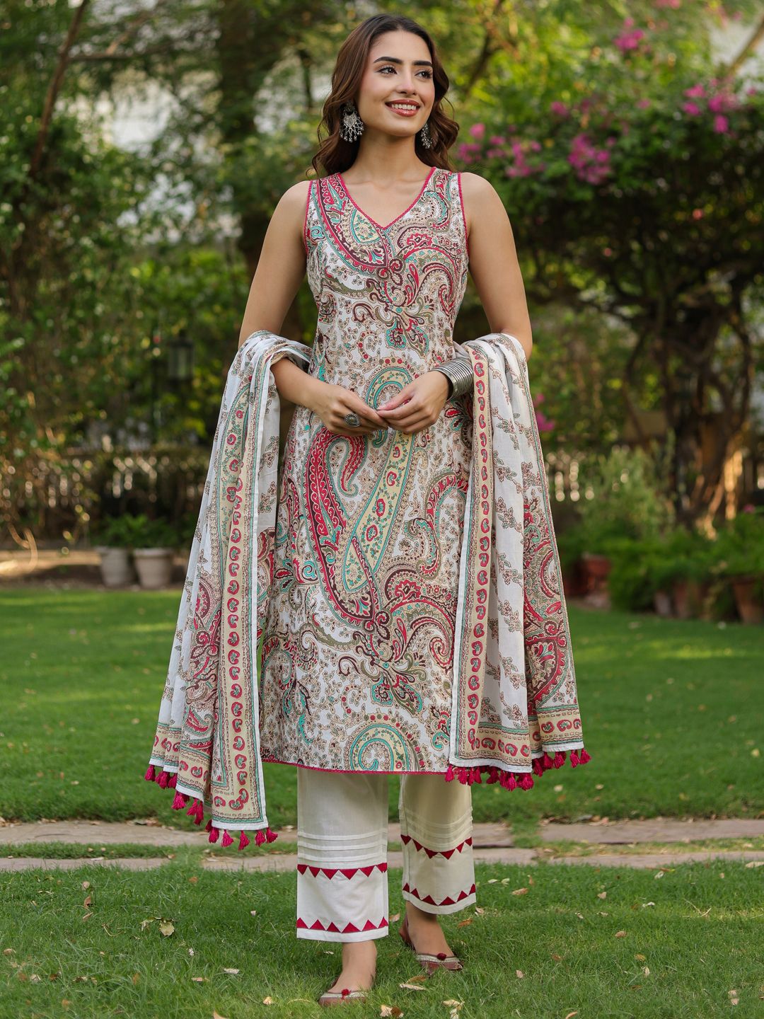 Dhiyona RR Women's Ethnic Printed Regular Pure Cotton Kurta With Trousers & Dupatta